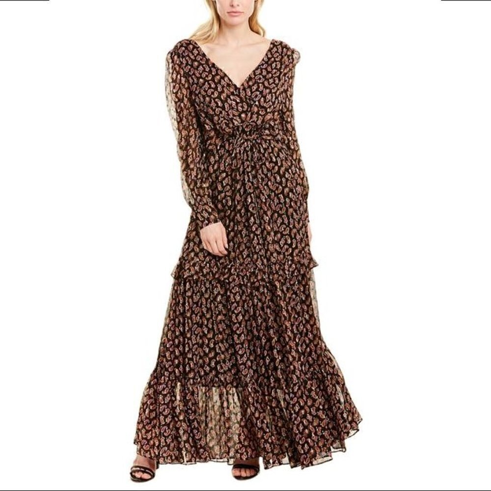 DVF Winnie Paisley Black dress maxi chiffon tie gold boho new X-Small 0 2